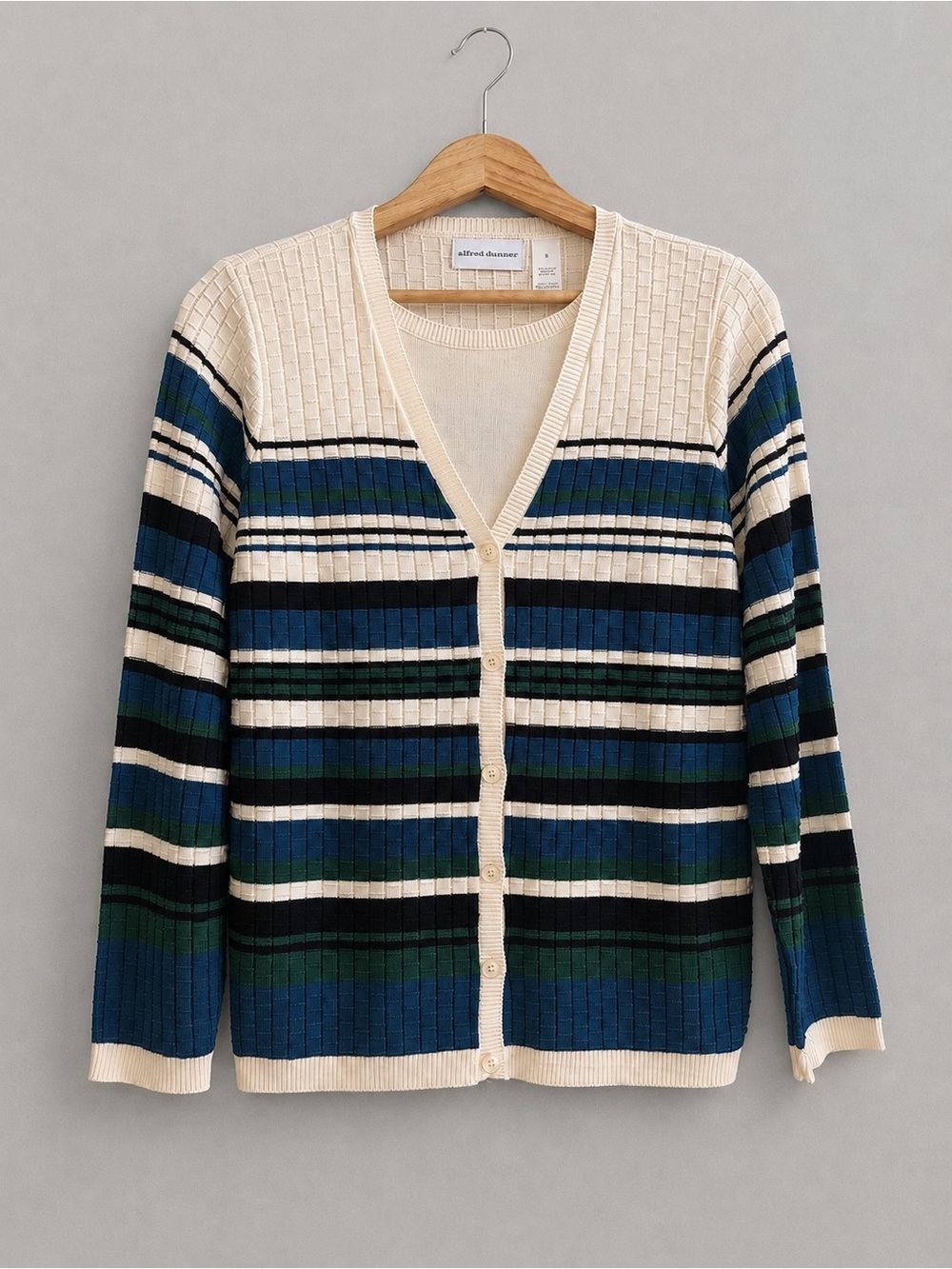 Alfred Dunner Cardigan Sweater Small Blue Green Stripe Button Front TexturedKnit